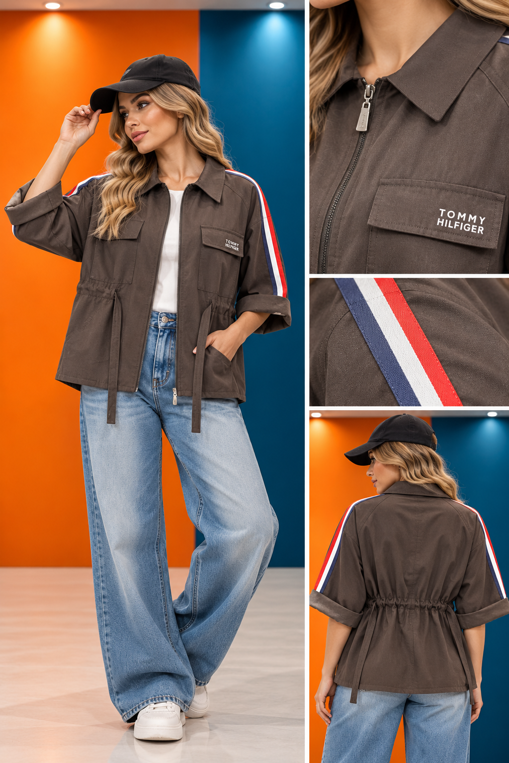 Color-Blocked Jacket Lookbook بارونی تامی زنانه قهوهای با آستر و بند کمر
