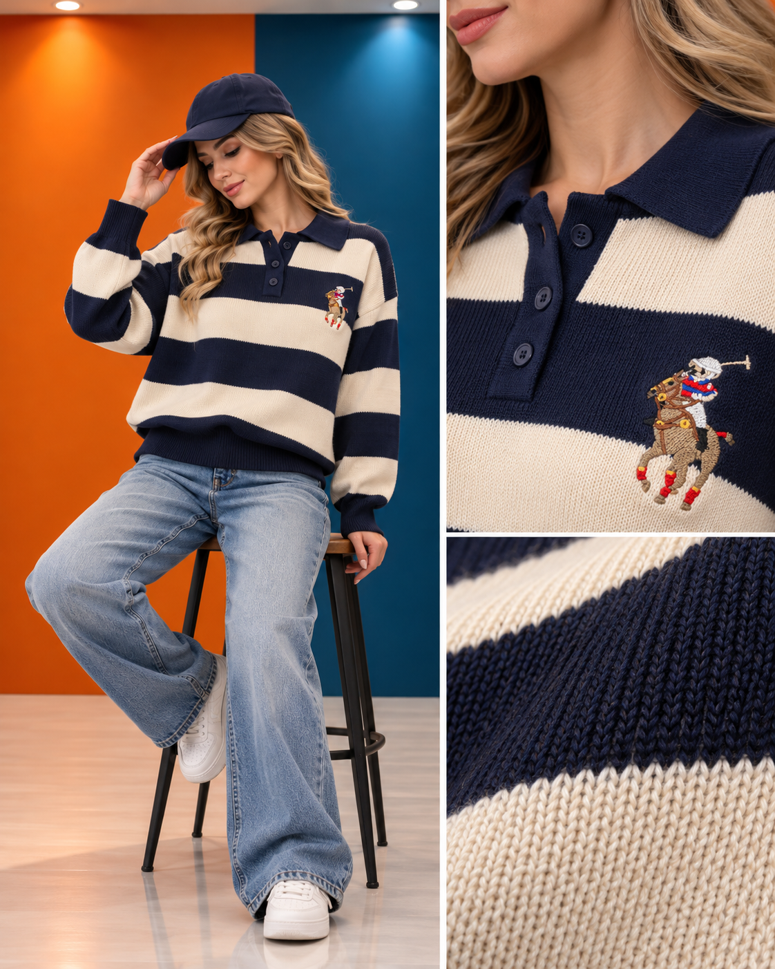 Navy Stripes Polo Sweater Details(1) Navy Stripes Polo Sweater Details1