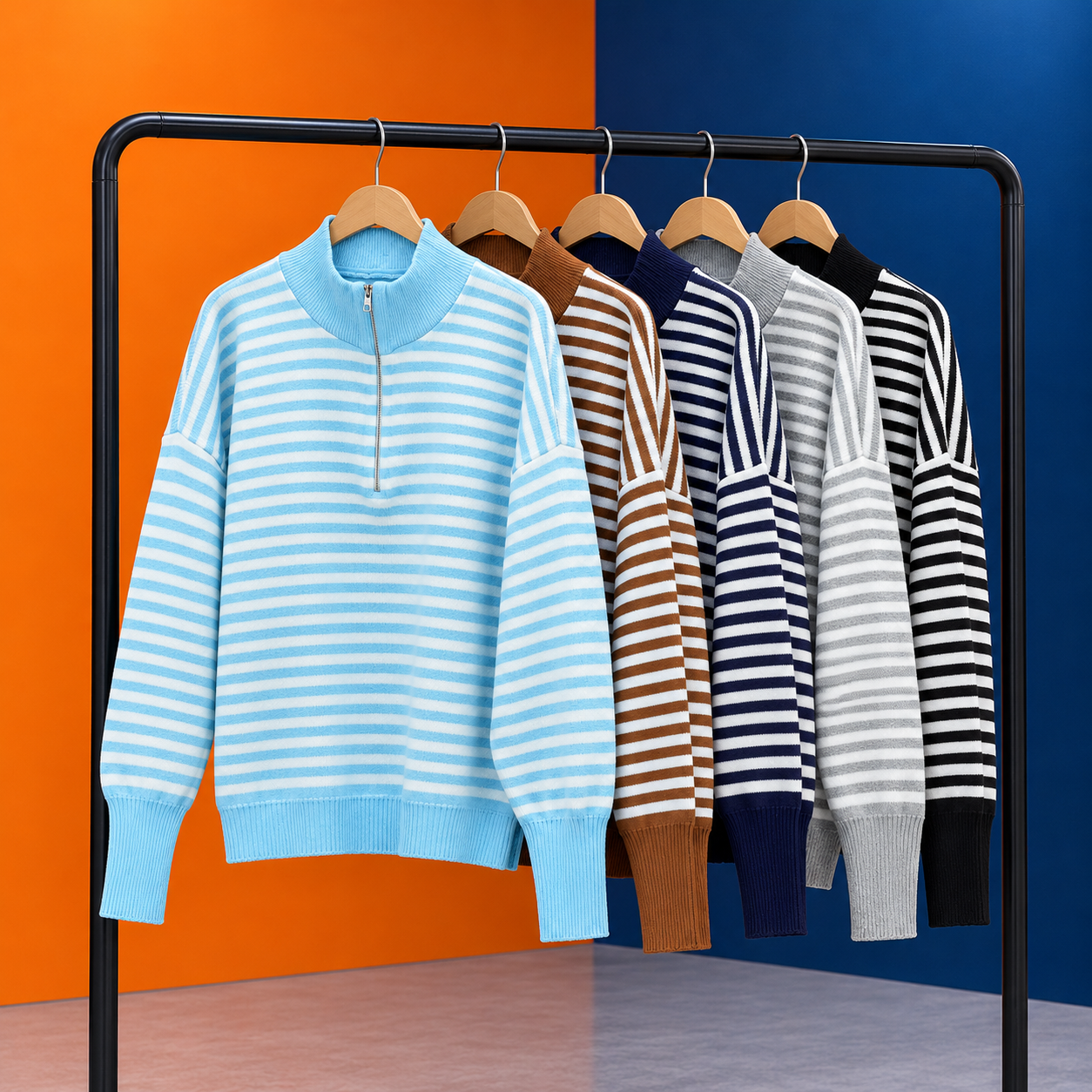 bafatRing1 Striped Sweaters on a Color Block Rack