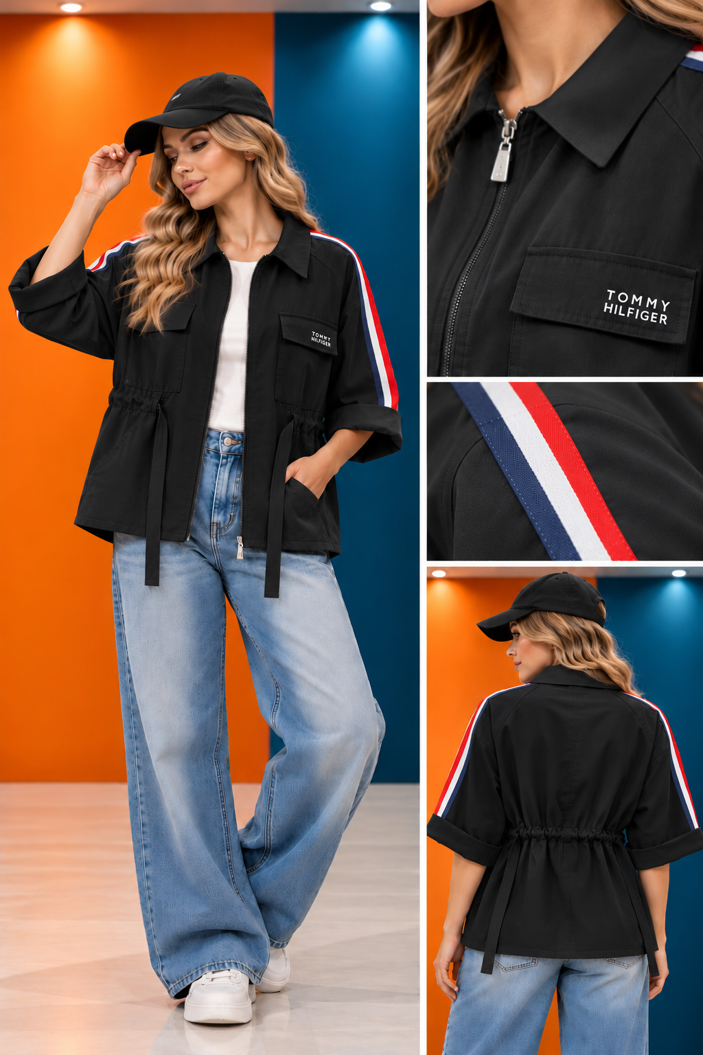 Tommy Hilfiger Jacket Studio Collage بارونی تامی زنانه مشکی با بند کمر قابل تنظیم